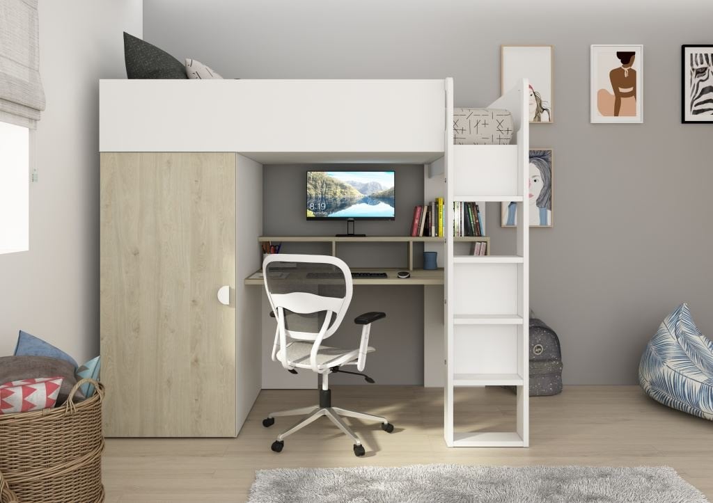 Flow hoogslaper met bureau en kast - 90x200 - Eiken/wit, Niet ingevuld, Niet ingevuld, Niet ingevuld