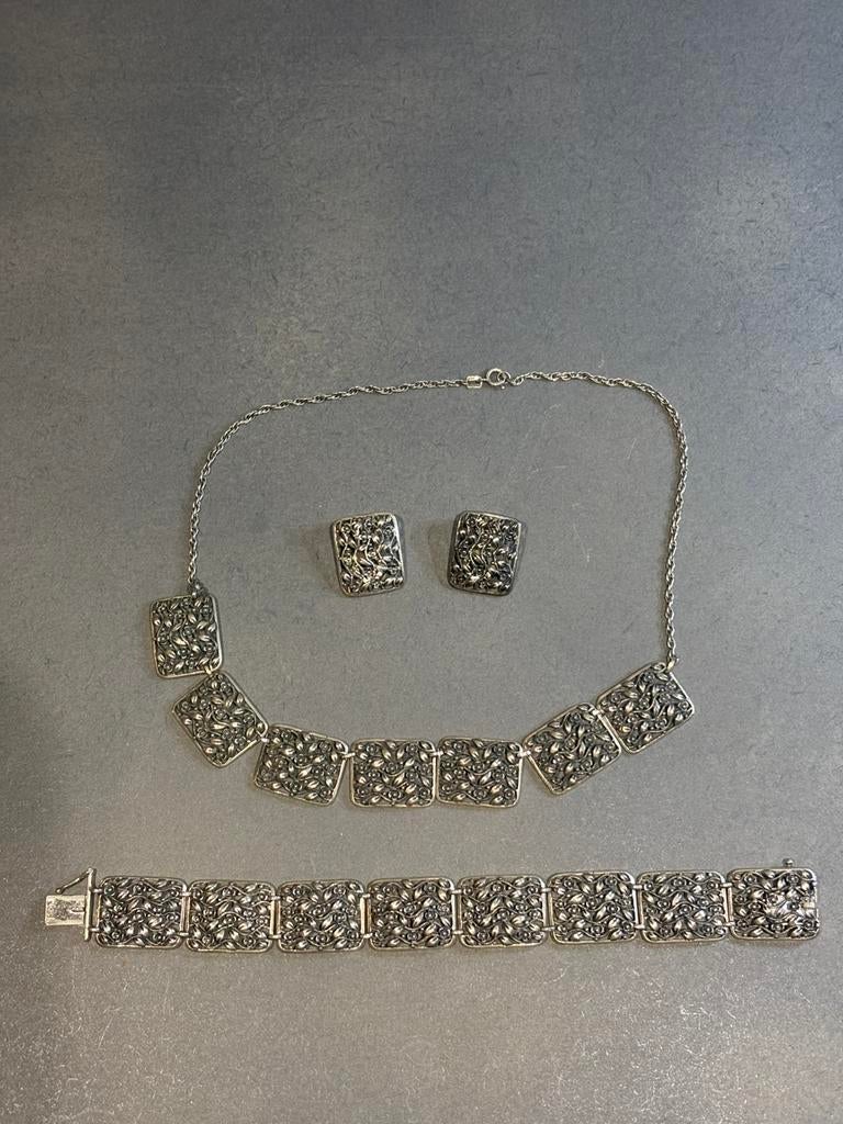 Zilveren set 835 – ketting, armband en oorbellen – filigrain, Ophalen of Verzenden, Zo goed als nieuw, Zilver