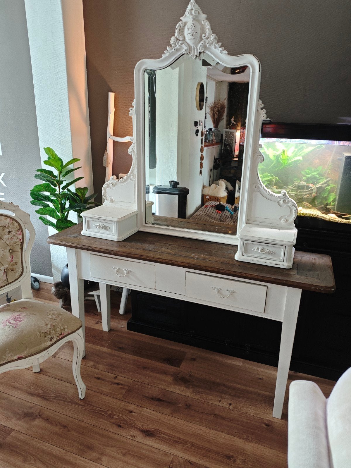 Brocante kaptafel met grote spiegel en bijpassende stoel, Ophalen, Gebruikt, 100 tot 150 cm, 150 tot 200 cm