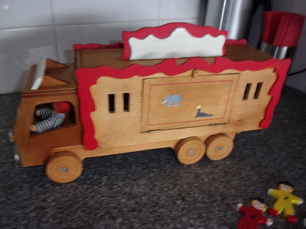 Handgemaakte Houten CIRCUSWAGEN + 5 CLOWNTJES, Ophalen of Verzenden, Gebruikt