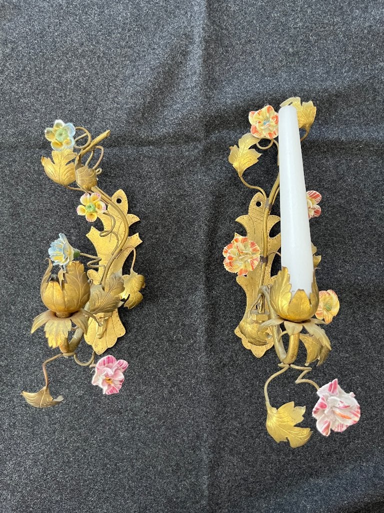 antique wall sconces candle holder pair porcelain brass, Ophalen of Verzenden