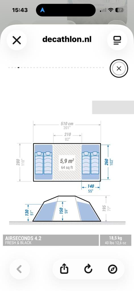 Quechua Air Seconds 4.2 Fresh & Black tent Decathlon, Caravans en Kamperen, Tenten, Ophalen of Verzenden, Zo goed als nieuw, Tot en met 4