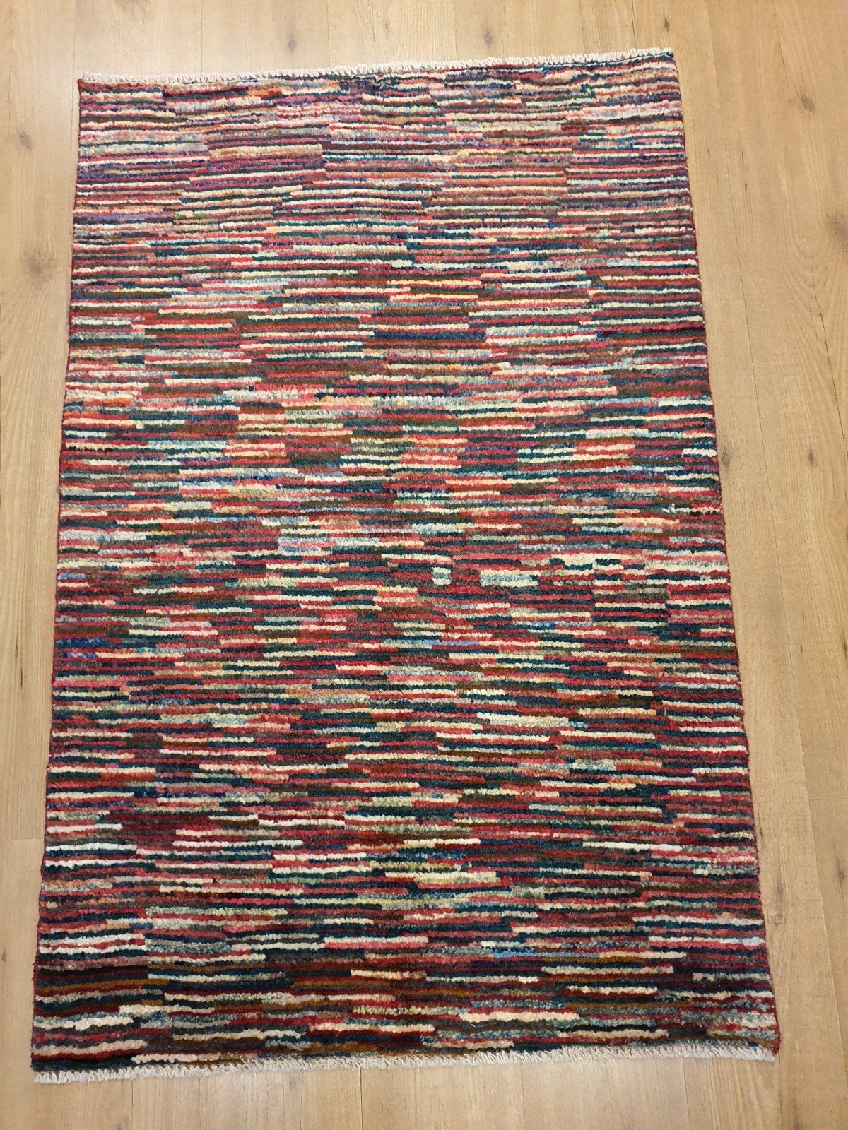 Handgeknoopt oosters tapijt modern stripes 136x90, Info@SlatsAntiek.nl, Crème, 100 tot 150 cm, Perzisch