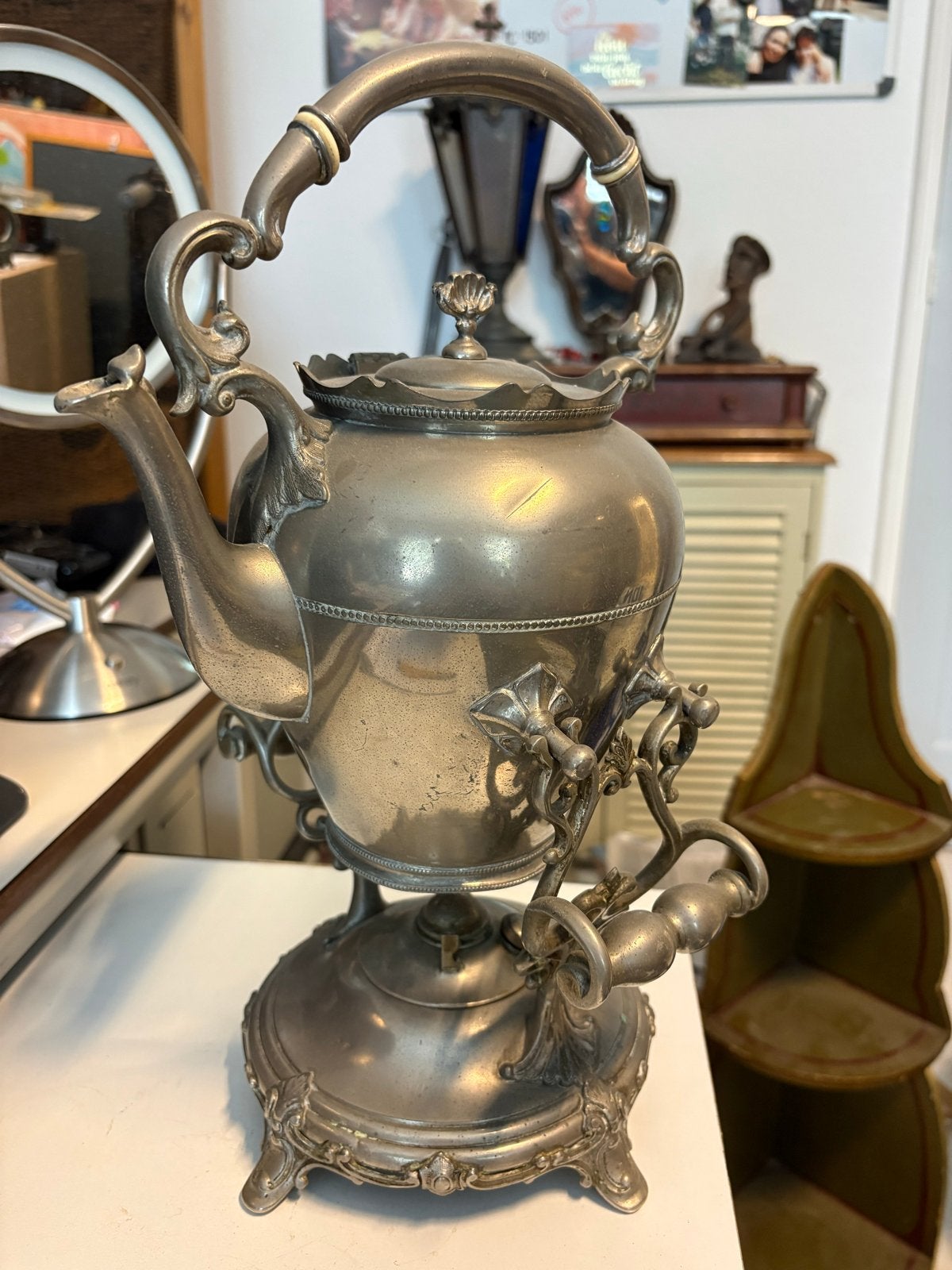 Antieke tinnen theeketel met brander - Olie theestel, Ophalen of Verzenden