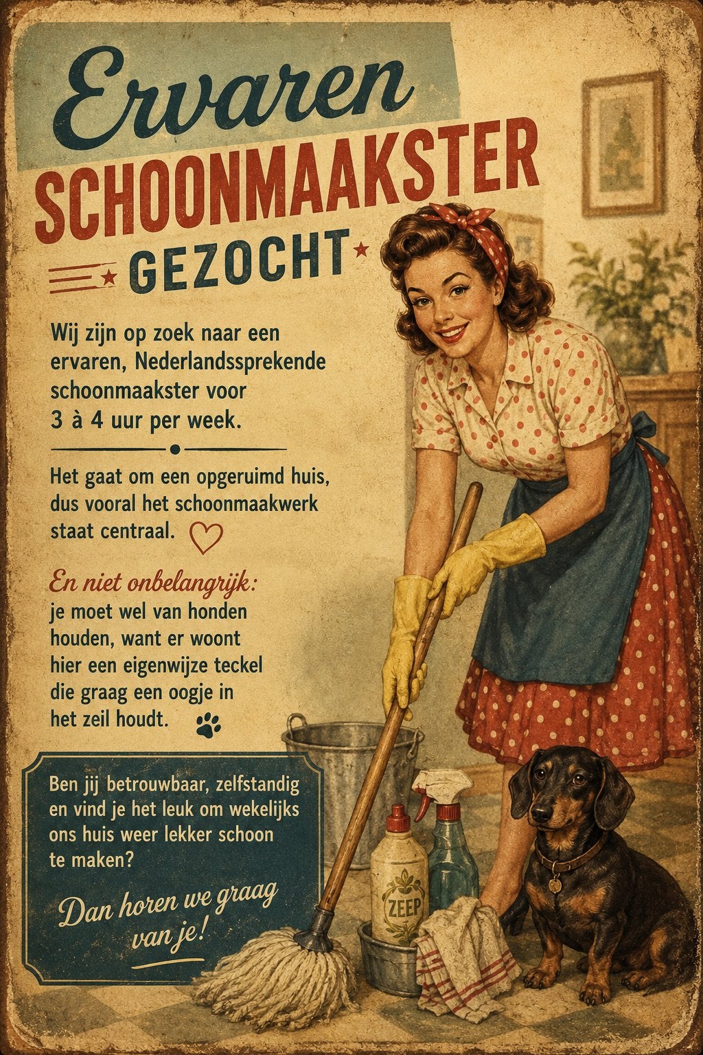 Schoonmaakster gezocht, Vacatures