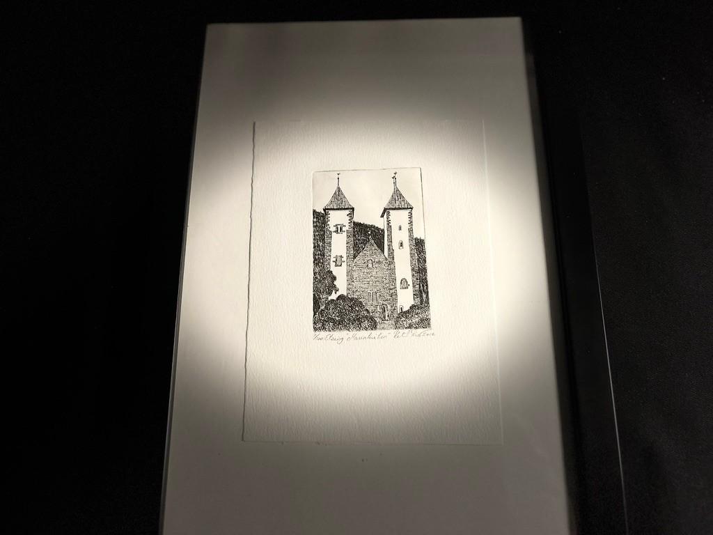 Ets van de Sint-Mariakerk (Mariakirken) in Bergen, Antiek en Kunst, Ets, Ingelijst, Religie, Ophalen of Verzenden