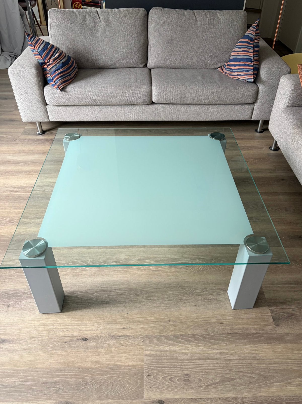 Glazen salontafel gehard glas | metalen poten | 110x110x40,5, Ophalen, Gebruikt, Vierkant, Glas