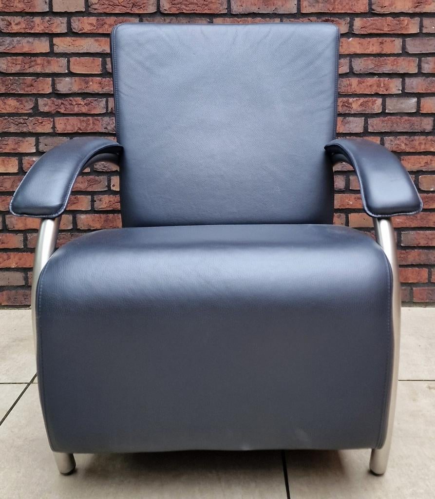 Movani fauteuil donkerblauw leer, Ophalen, Zo goed als nieuw, 50 tot 75 cm, Leer