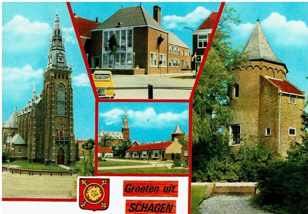 Ansichtkaart Schagen, 4-luik, kerk, kasteel, hofje,, Ophalen of Verzenden, 1980 tot heden, Ongelopen, Noord-Holland