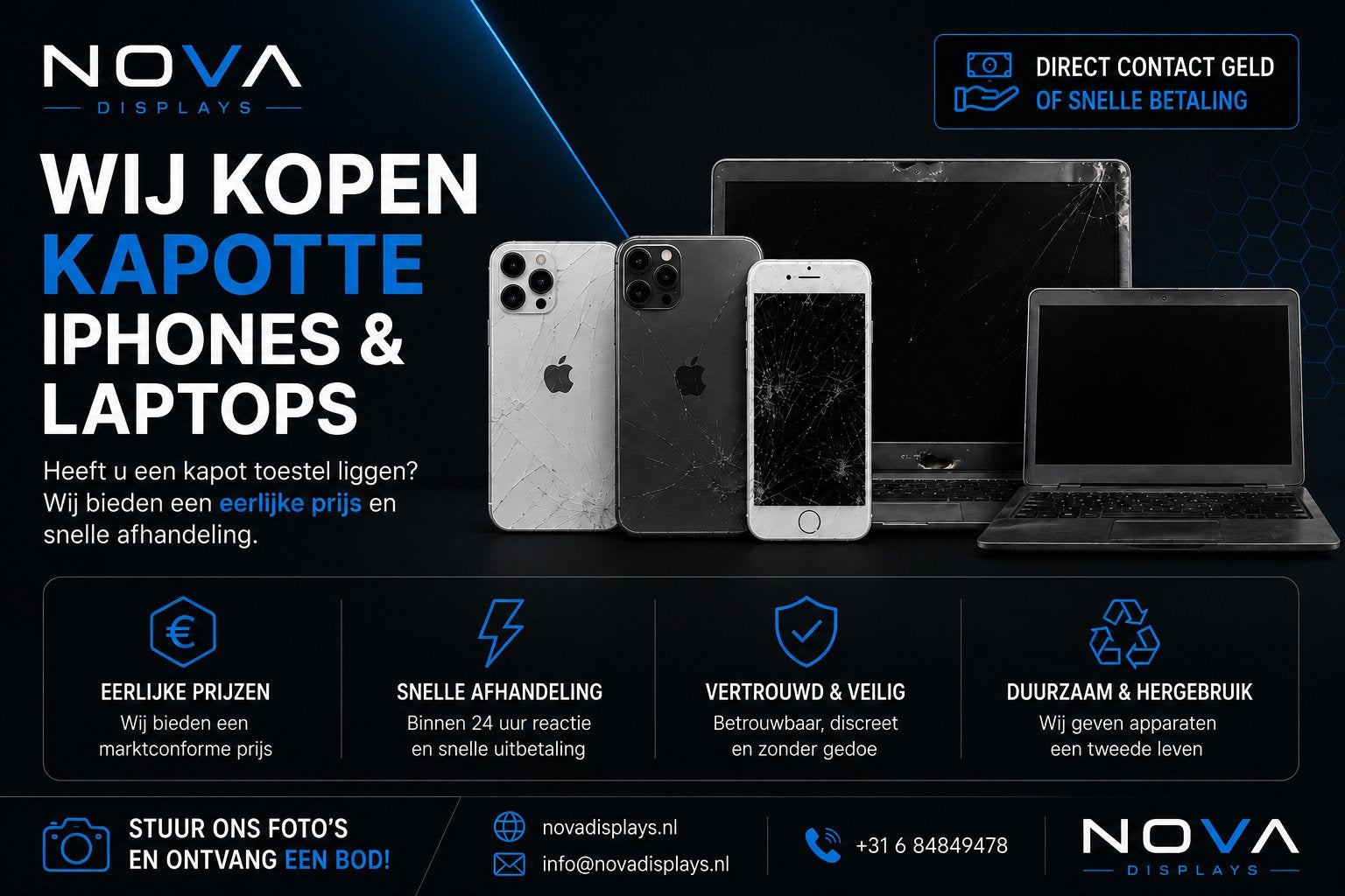Wij kopen kapotte iPhones & laptops - Direct een bod, Info@novadisplays.nl, Ophalen of Verzenden, 5953NA 101, NovaDisplays