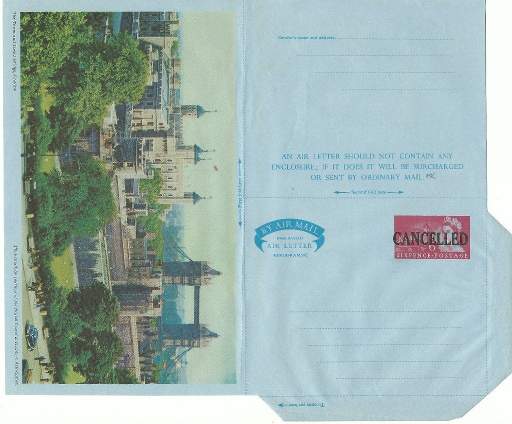 ENGELAND 1962 6d. “The Tower..” Airletter, Ovpt. CANCELLED, Verzenden, Postfris
