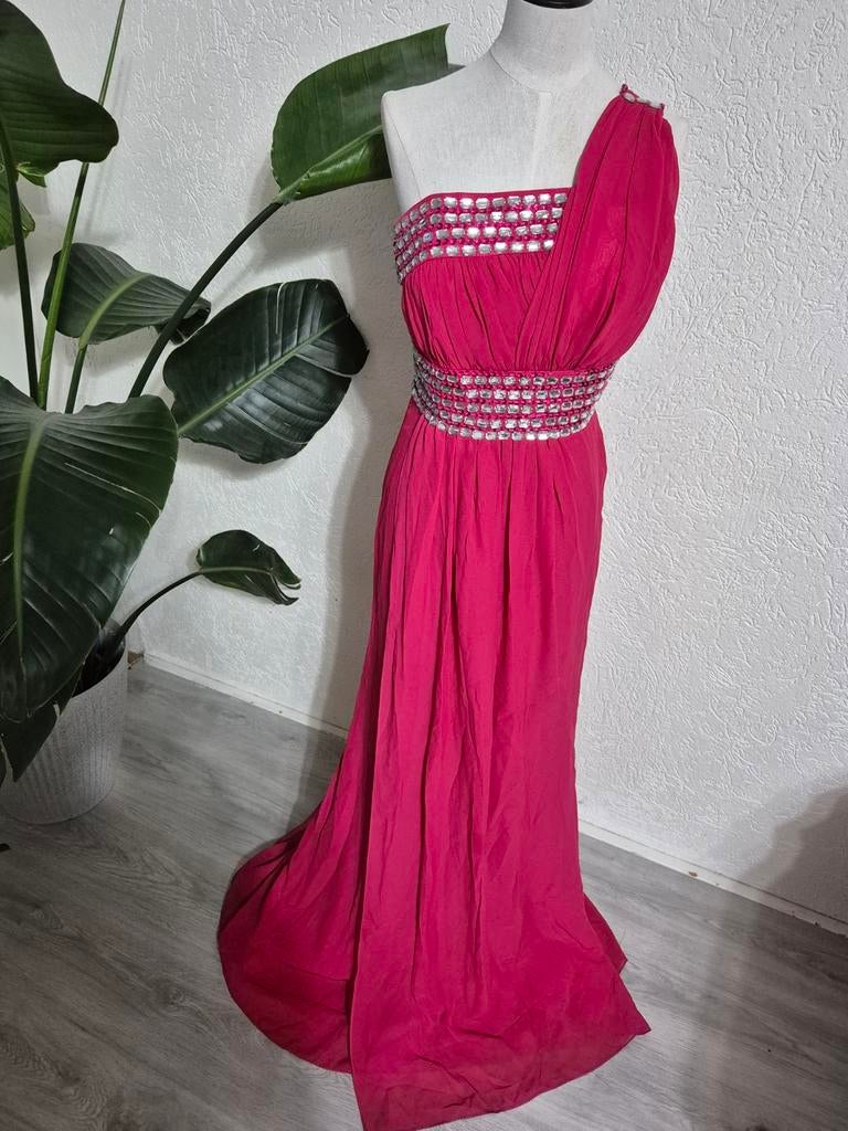 Elegante fuchsia galajurk met zilveren details, Kleding | Dames, Gelegenheidskleding, Gedragen, Galajurk, Maat 36 (S), Roze, Ophalen of Verzenden