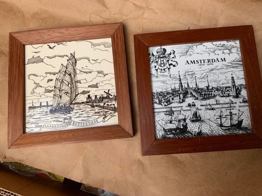 Set van 2 ingelijste tegels: Rotterdam en Amsterdam, Ophalen of Verzenden