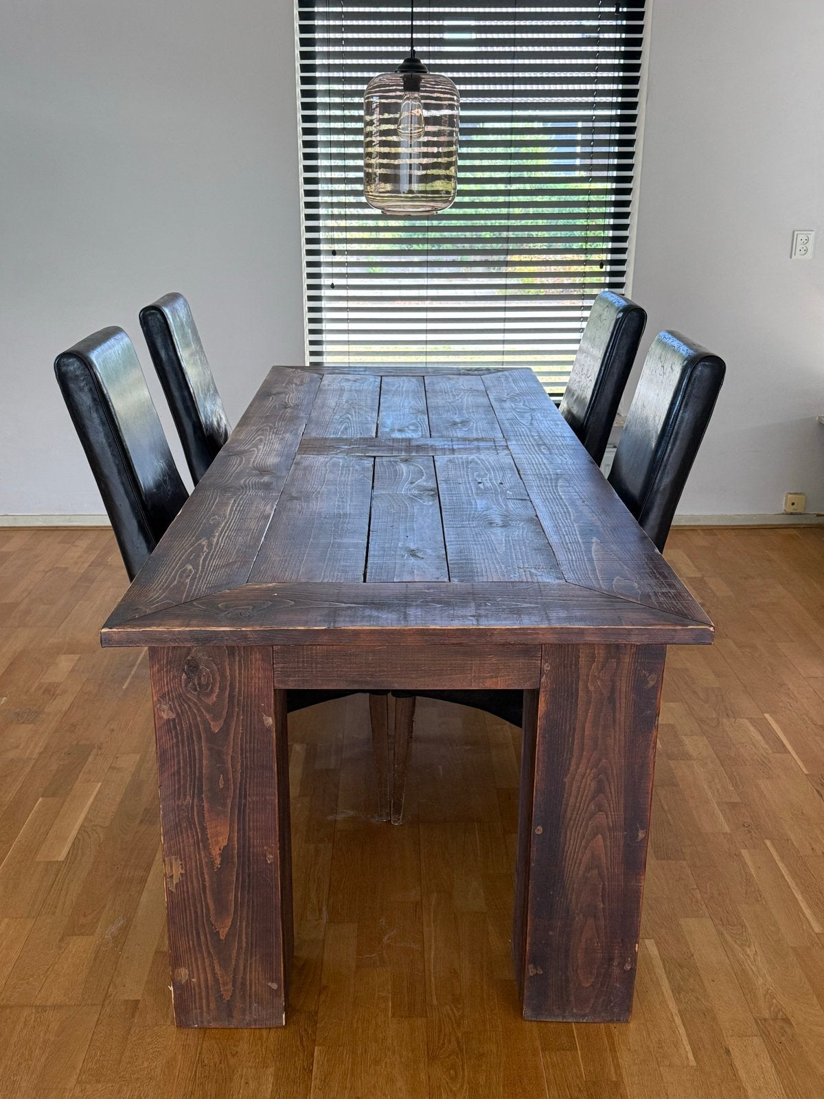Robuuste houten eettafel met 4 stoelen, Ophalen, Gebruikt, 200 cm of meer, 50 tot 100 cm