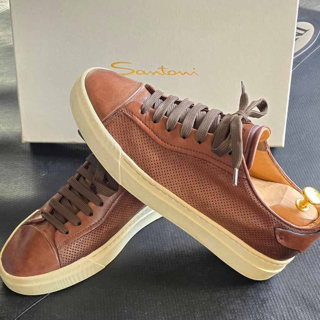 Santoni sneakers maat 42 (UK 8) - Bruin leer, Kleding | Heren, Schoenen, Bruin, Ophalen of Verzenden, Santoni, Sneakers of Gympen