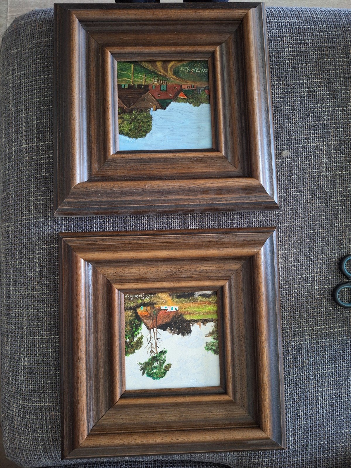 2 Schilderijtjes Agterberg - Canvas Olieverf 28x28cm, Ophalen, Gesigneerd, Olieverf, Doek