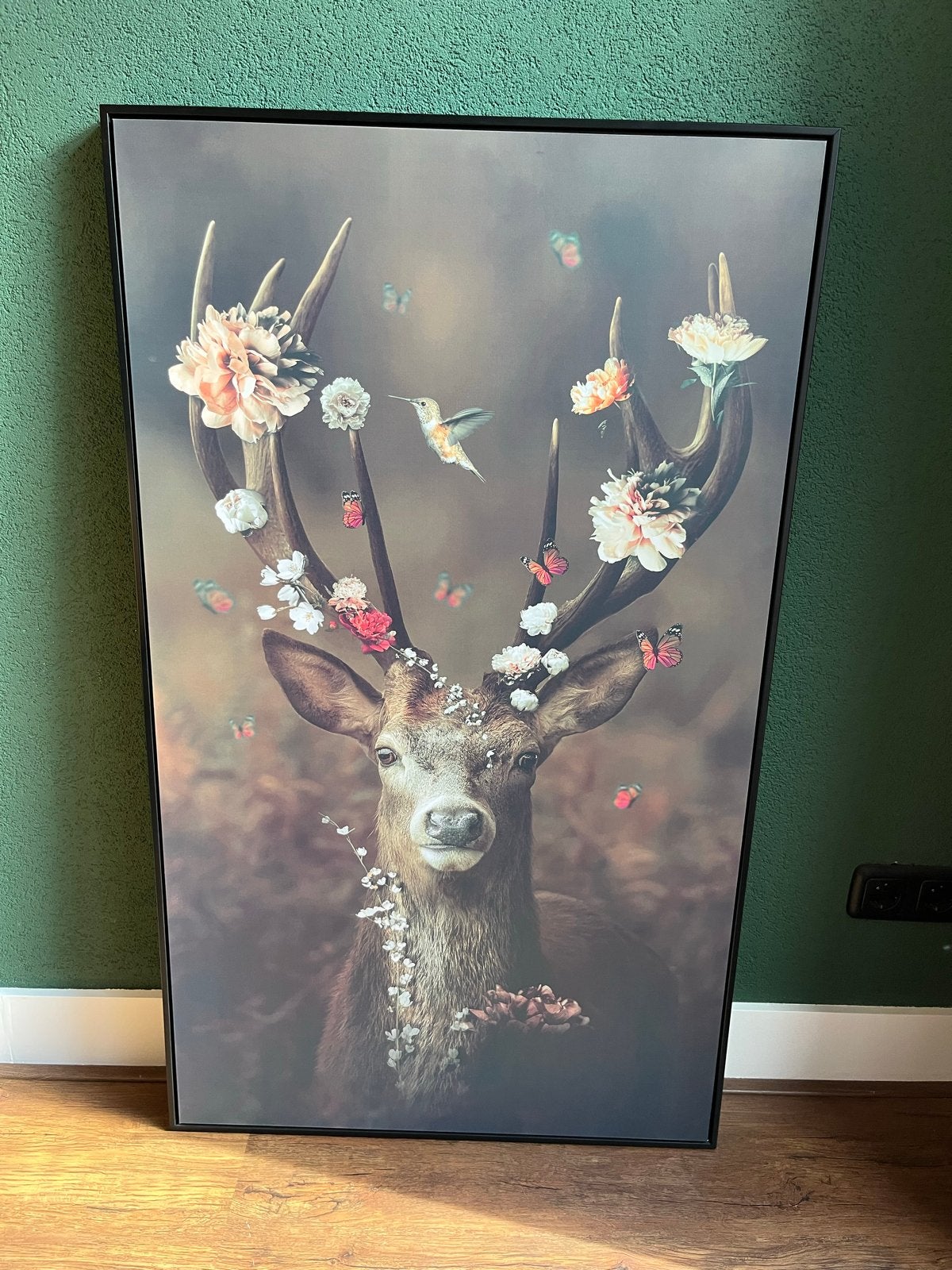 Canvas Hert met Bloemen en Kolibrie, Ophalen, Zo goed als nieuw, Schilderij, 75 – 100