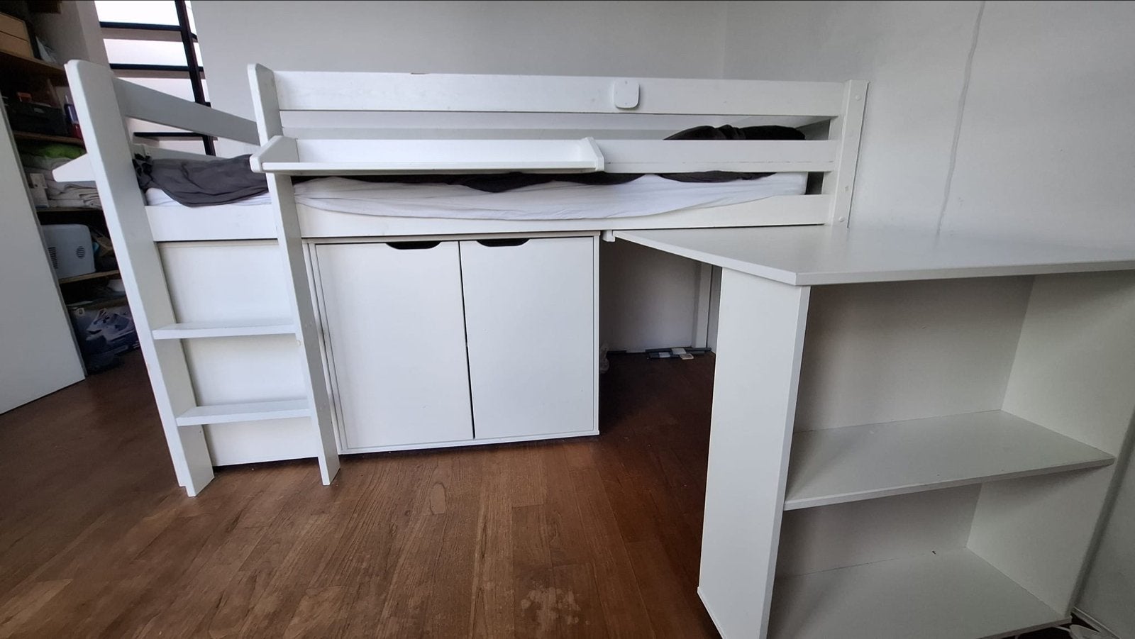 Hoogslaper met bureau en opbergruimte - Wit, Ophalen, 85 tot 100 cm, Gebruikt, Hoogslaper of Stapelbed