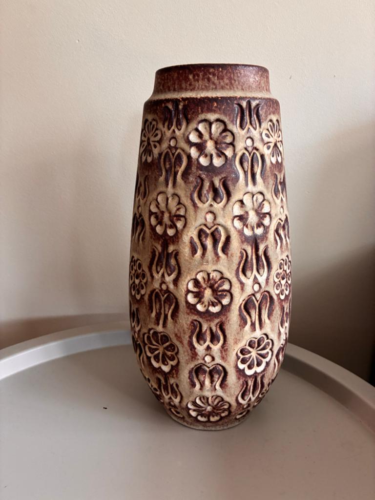 Vintage West Germany Fat Lava Vaas - Bruin/Beige Bloemenpatr, Ophalen of Verzenden