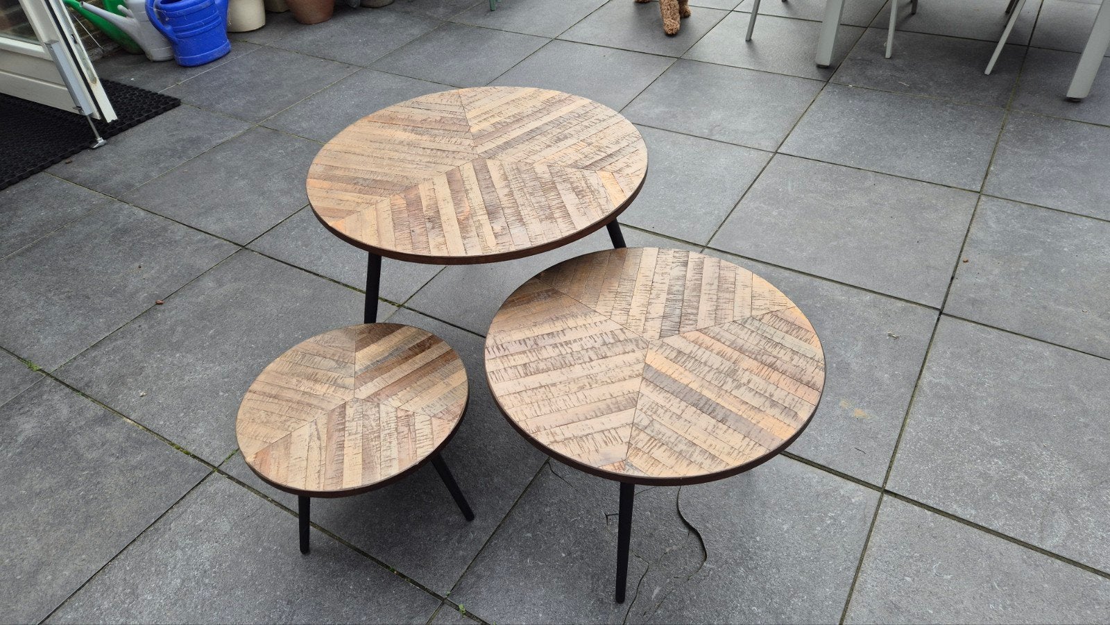 Set van 3 ronde salontafels met mango houten blad, Huis en Inrichting, 50 tot 100 cm, Rond, 50 tot 100 cm, Zo goed als nieuw