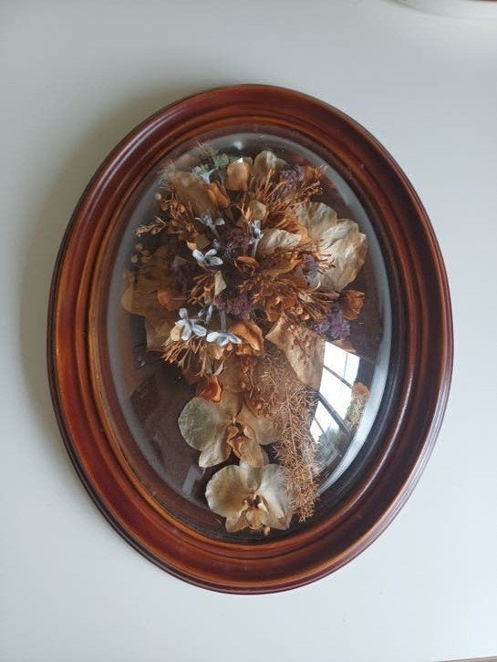 Vintage Bloemen Onder Glazen Stolp - Ovaal Houten Frame, Ophalen of Verzenden