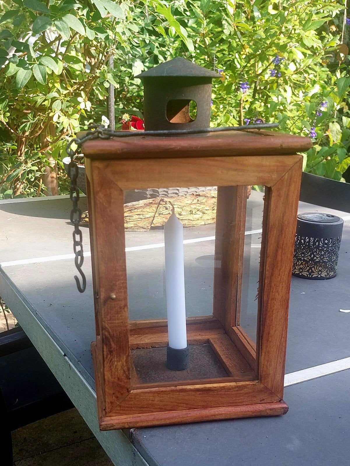 Houten Lantaarn met Metalen Details en Ophangketting, Ophalen of Verzenden