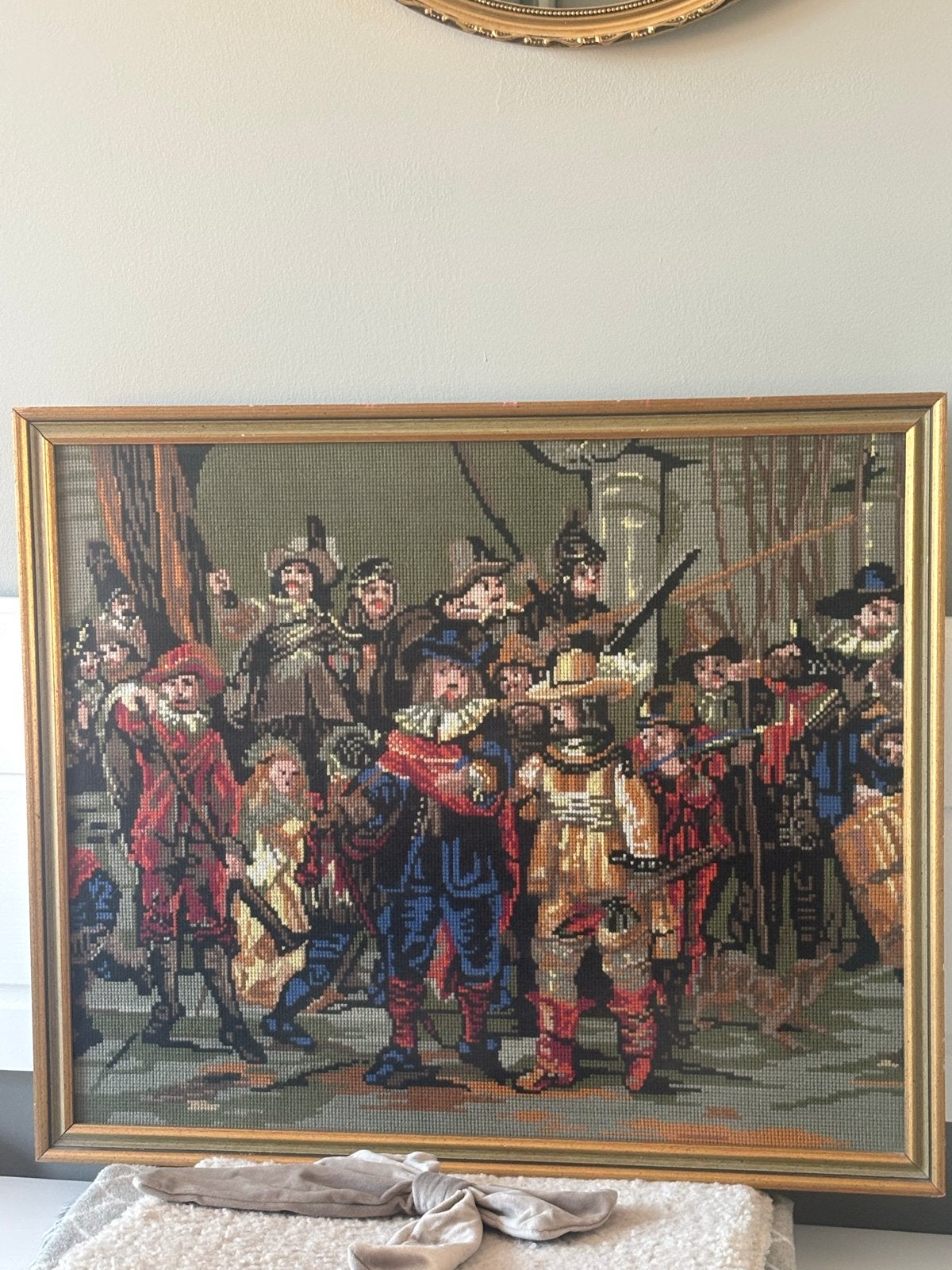 Geborduurd schilderij De Nachtwacht' van Rembrandt, ingelij, Portret of Personen, Ophalen of Verzenden, Klassiek, Ingelijst