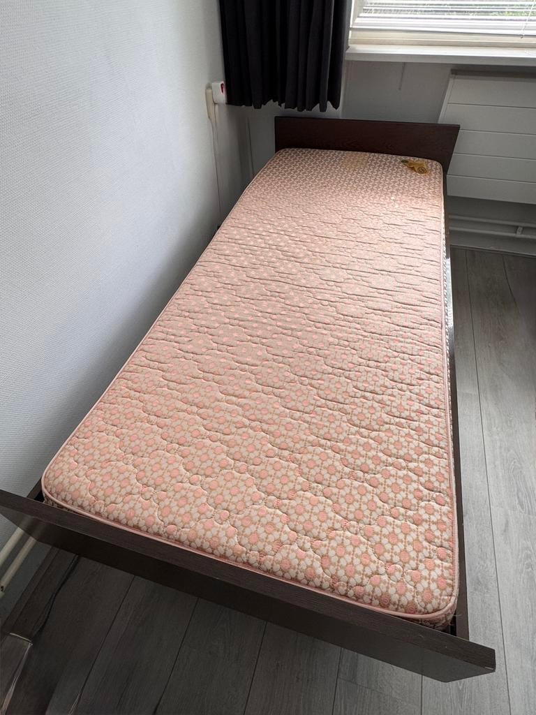 Retro bed, Ophalen, Gebruikt, Eenpersoons, Bruin
