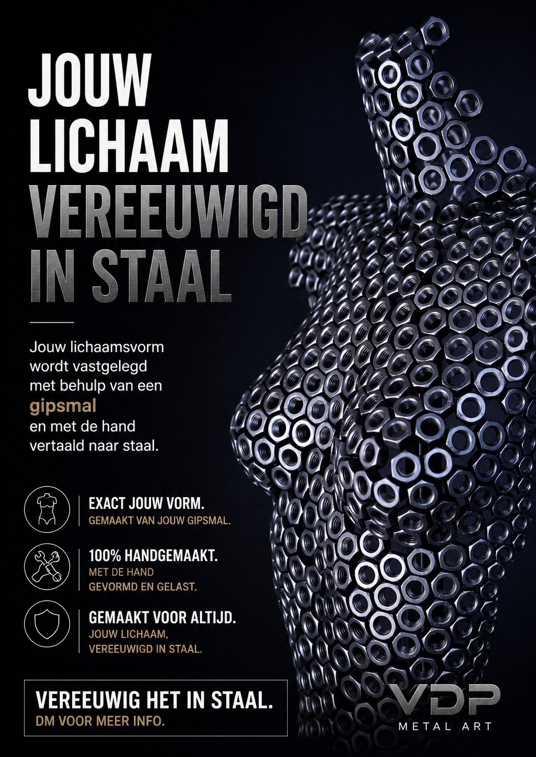 Jouw Lichaam Vereeuwigd in Staal - Uniek Handgemaakt Kunstwe, Zilver, Handgemaakt, Beeld, Modern