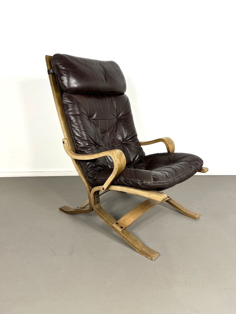 Vintage design lounge fauteuil in eiken met leer, 1960s, Ophalen, Gebruikt, 50 tot 75 cm, Leer