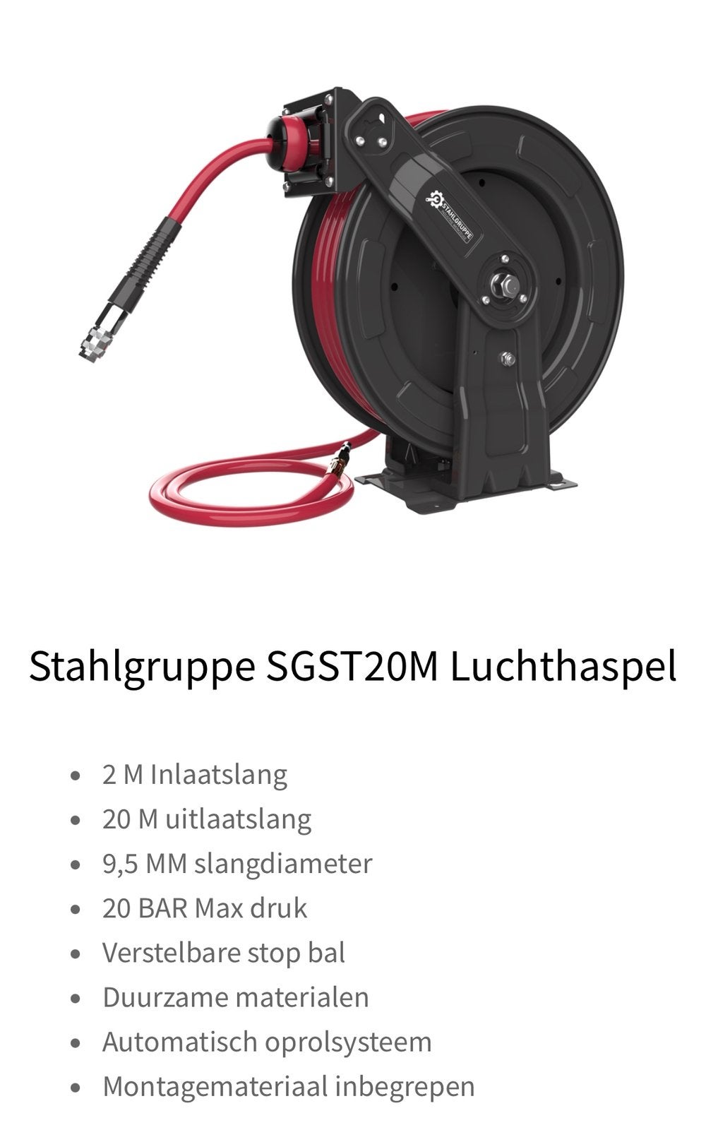 Stahlgruppe SGST20M Luchthaspel - 20m slang, 20 bar, Ophalen of Verzenden, Nieuw, 10 bar of meer