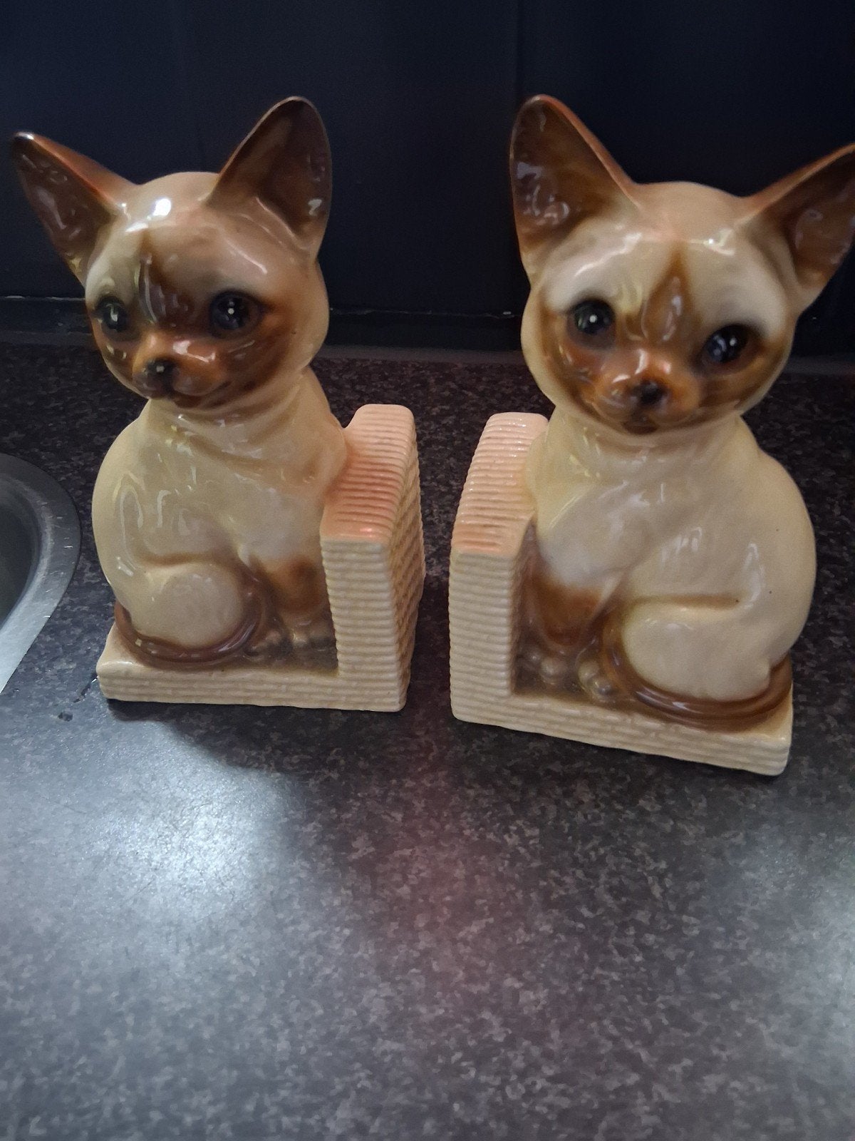 Vintage Kat Boekensteunen - Siamese Katten Keramiek, Ophalen, Vintage, Gebruikt, Bruin
