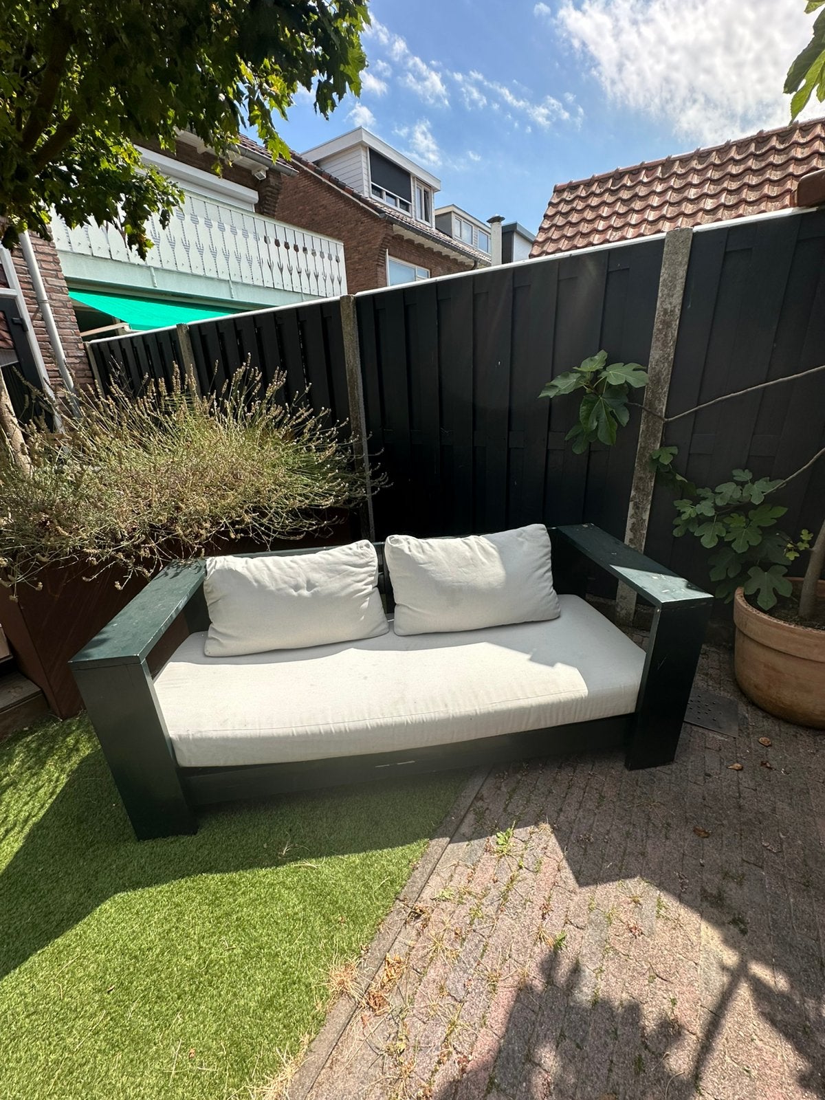 Tuinbank inclusief kussens en tafeltje, Gebruikt, Loungeset, Bank, Hout