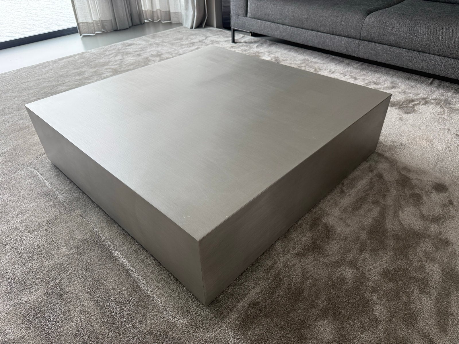 Grote vierkante salontafel geborsteld staal 110x110cm, Gebruikt, Vierkant, Ophalen of Verzenden, Metaal