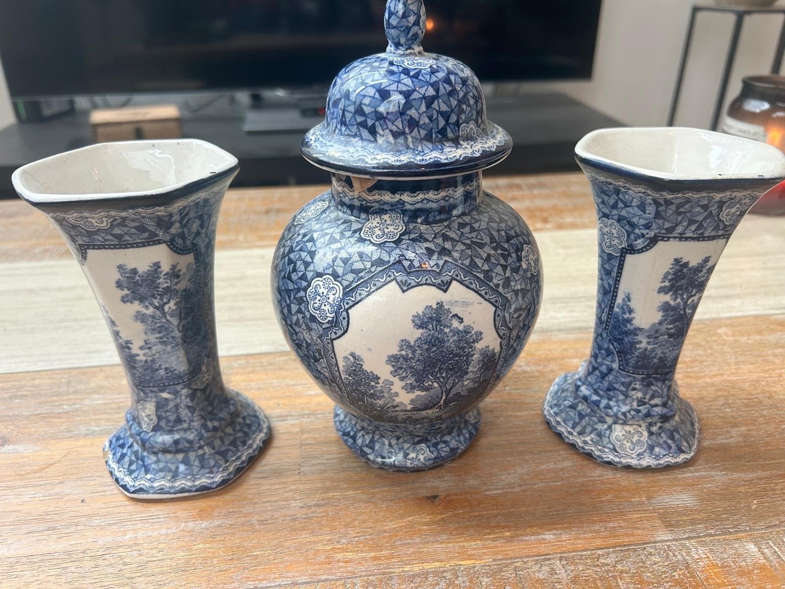 Antieke Delfts Blauw vaas en twee vazen set, Ophalen of Verzenden