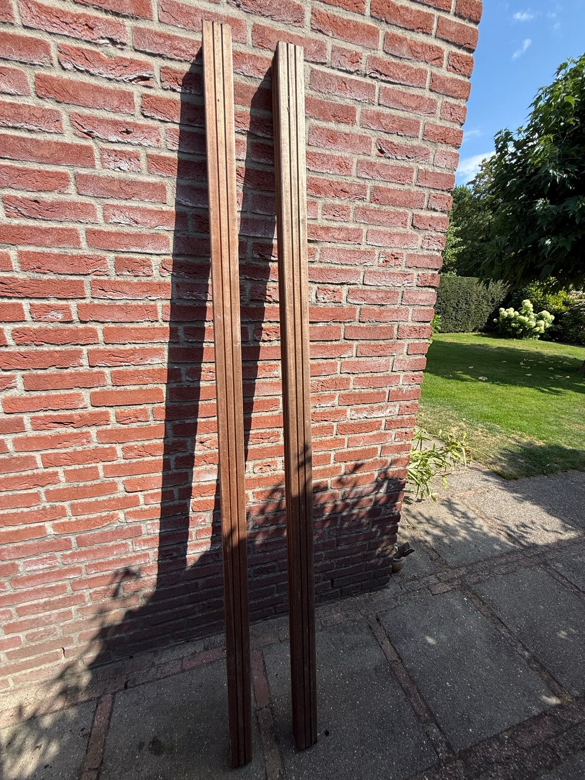 Twee Azobé hardhouten tuinpalen 6,5 x 6,5 cm, Ophalen, Gebruikt, Palen, Hardhout