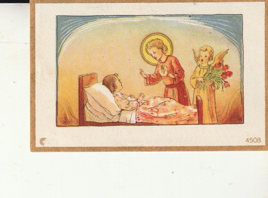 Vintage prentje: Kind in bed met Jezus en engel, Ophalen of Verzenden, Gebruikt, Kaart of Prent, Christendom | Katholiek