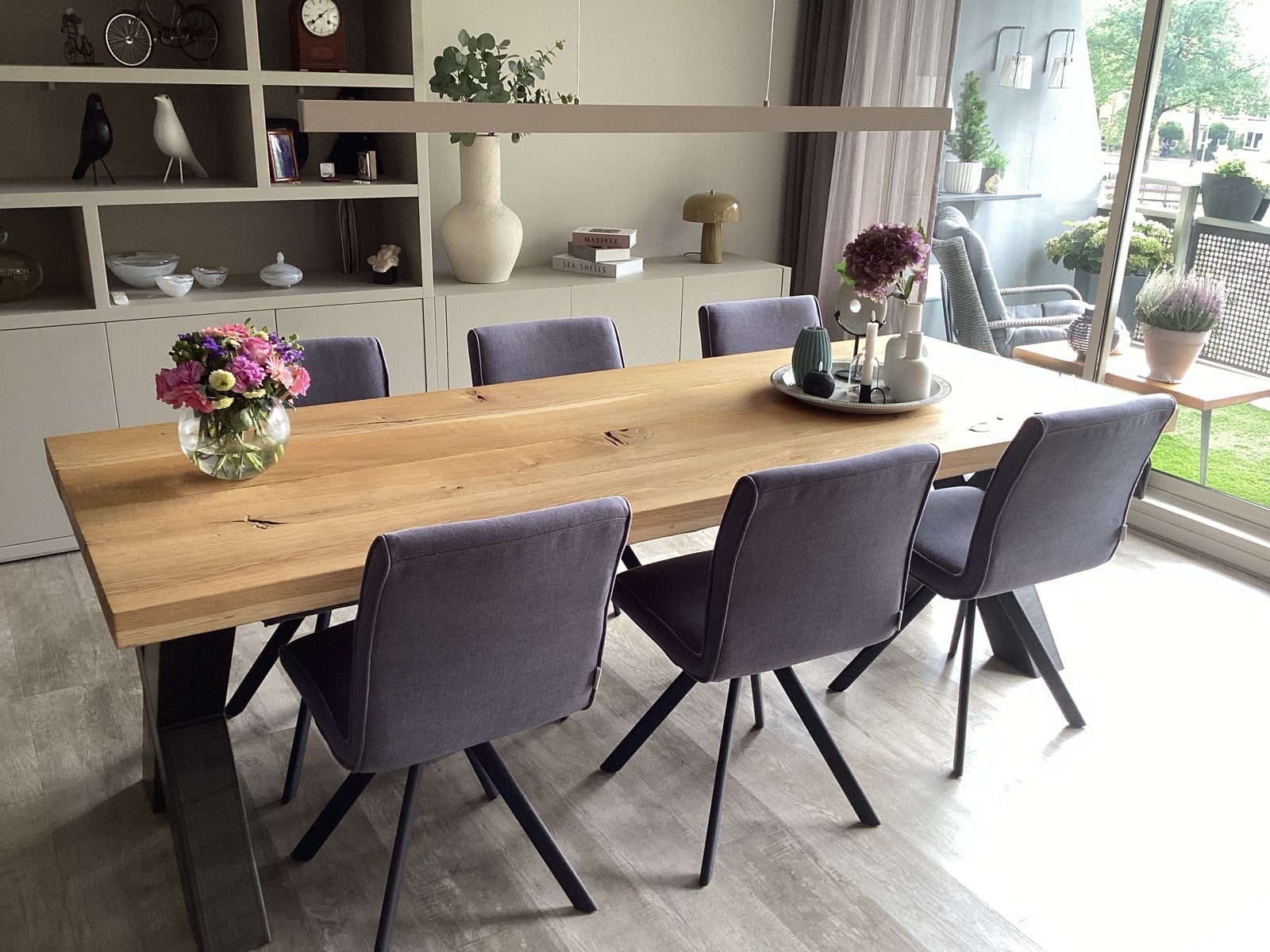 6 Eetkamerstoel met zwart metalen onderstel, Huis en Inrichting, Ophalen, Zo goed als nieuw, Vijf, Zes of meer stoelen, Stof