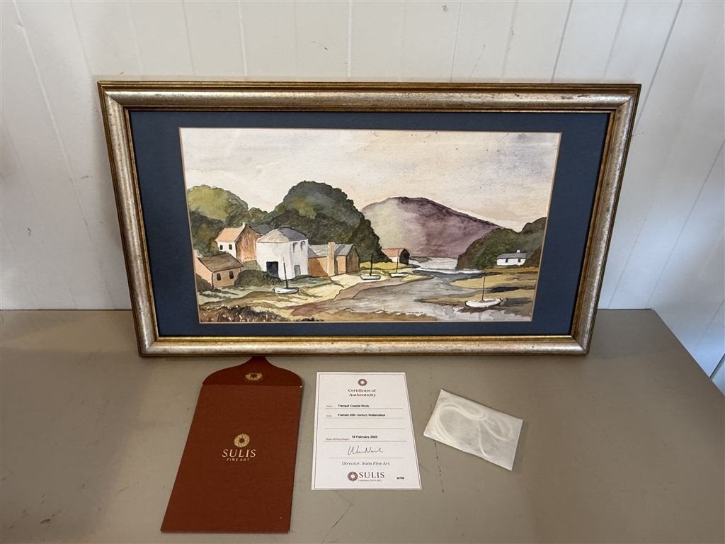 Ingelijste 20e Eeuw Aquarel - Kustlandschap - Tranquiel Tafe, Ophalen of Verzenden