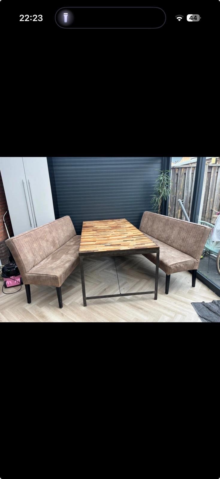 Robuuste eettafel met banken - Industrieel design, Ophalen, Gebruikt, 50 tot 100 cm, Vijf personen of meer