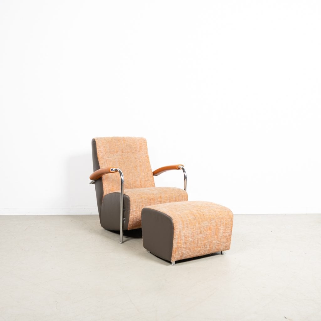 Leolux Scylla Hoog Fauteuil Oranje/Grijs Stof/Leer + Hocker, Huis en Inrichting, Leolux, Zo goed als nieuw, Niet ingevuld, Niet ingevuld