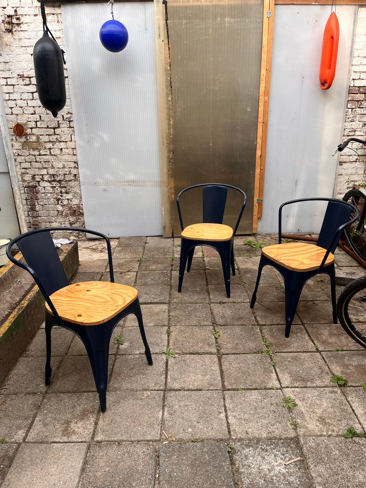 Set van 3 blauwe stoelen bistro achtig, Ophalen, Gebruikt, Drie, Blauw
