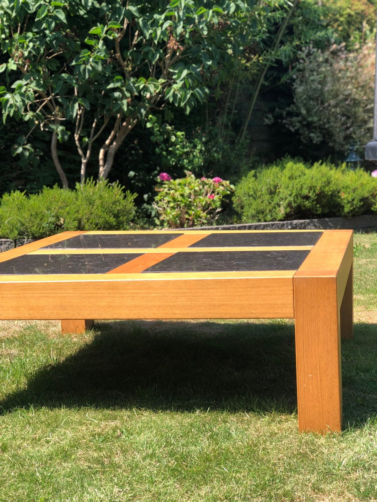 Eikehouten salontafel met leisteen, Huis en Inrichting, Ophalen, 50 tot 75 cm, Zo goed als nieuw, 100 tot 150 cm
