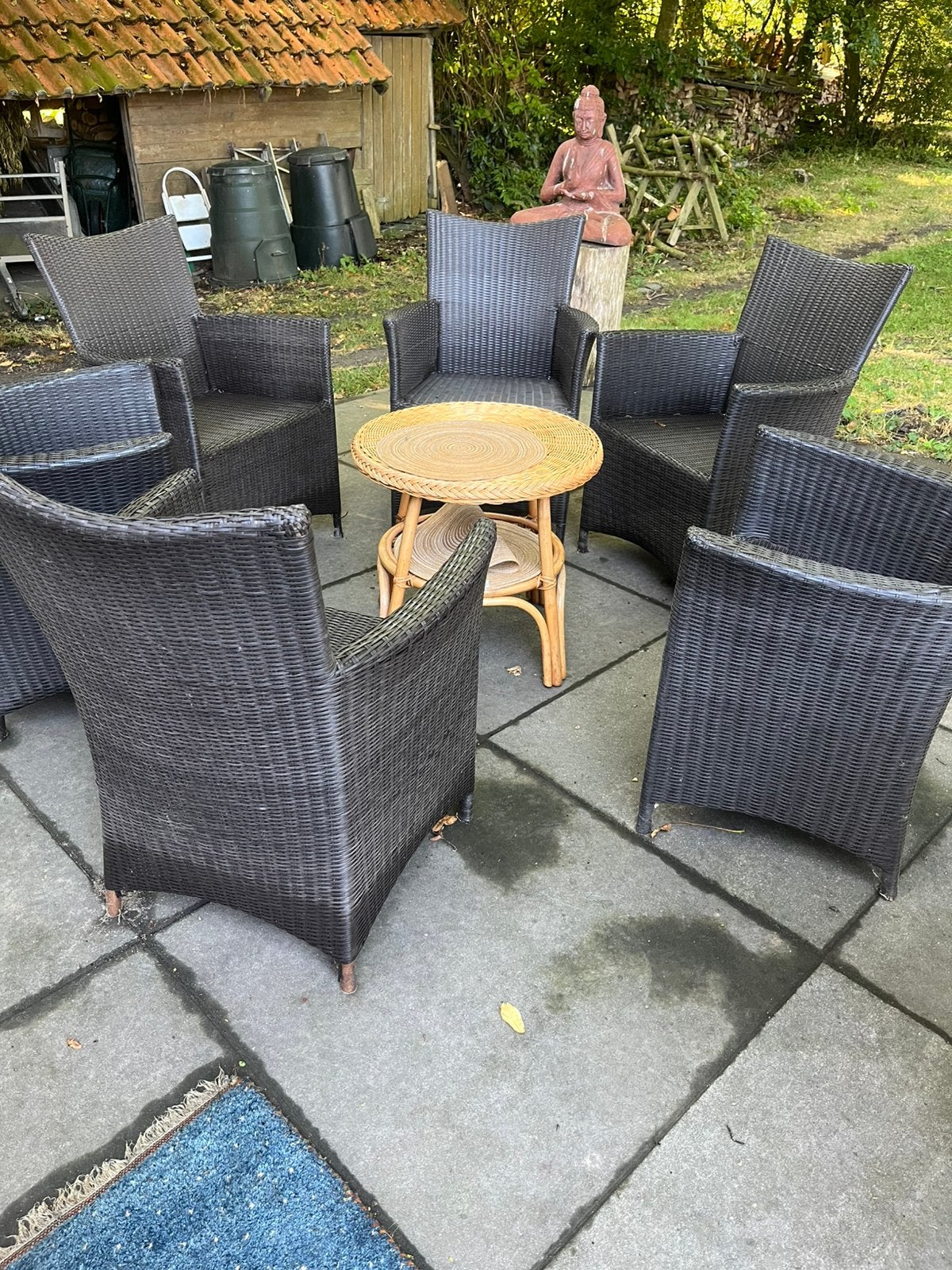 6 mooie donkere tuinstoelen met kussens, Tuin en Terras, Tuinsets en Loungesets, Ophalen, Zo goed als nieuw