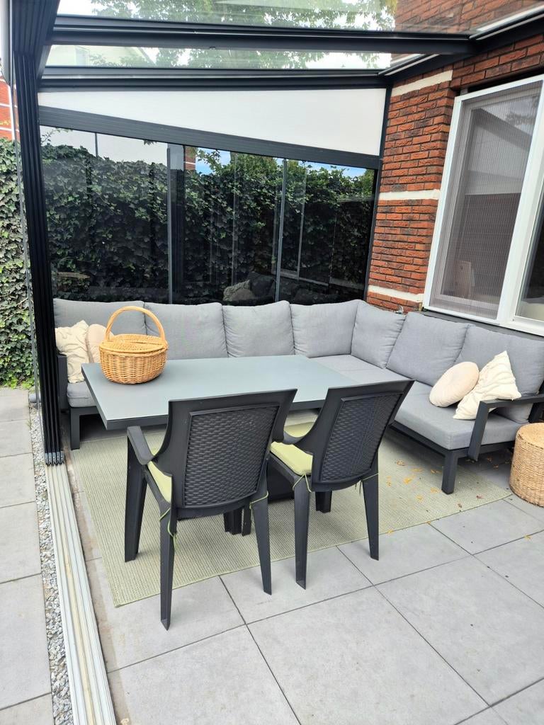 Complete tuinset (loungeset + dining) met verstelbare tafell, Bank, 6 zitplaatsen, Aluminium, Ophalen of Verzenden