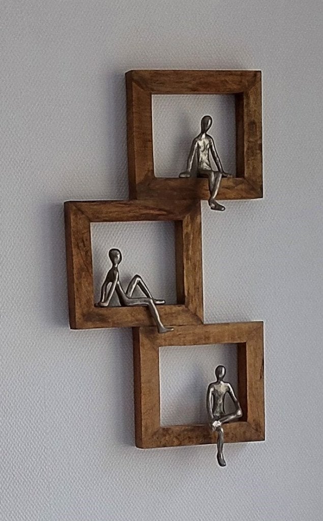 J-line Three man on the block, hout en aluminium, loods 5, Huis en Inrichting, Woonaccessoires | Wanddecoraties, Ophalen, Wandsculptuur