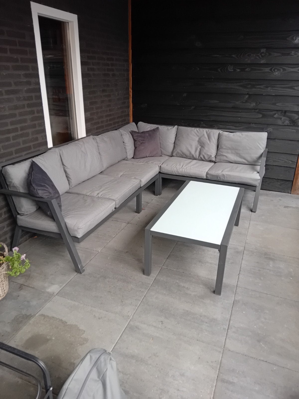 Moderne loungeset met tafel - Grijs aluminium, 5 zitplaatsen, Gebruikt, Bank, Aluminium