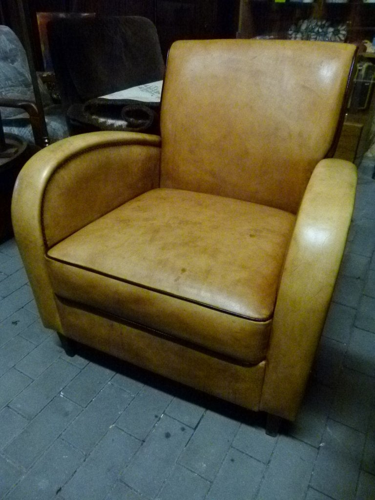 vintage schaapsleder fauteuil cognac, Ophalen, Gebruikt, Vintage, 50 tot 75 cm