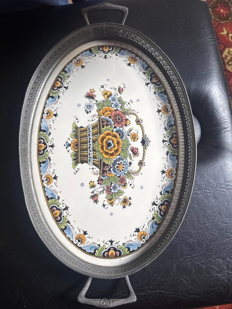 Vintage Delfts Handwerk Tin Dienblad - Bloemenmand, Antiek en Kunst, Ophalen of Verzenden