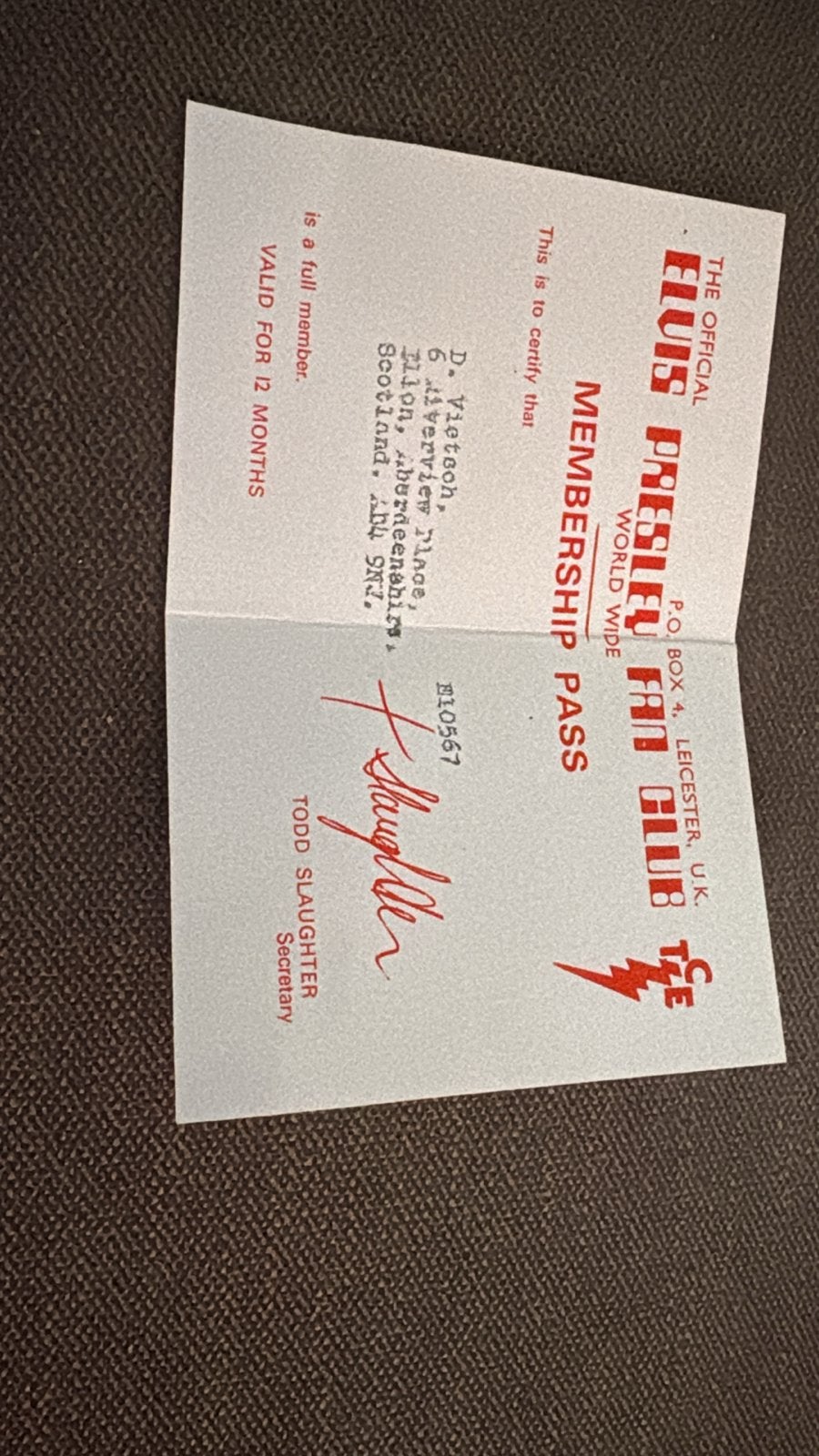 Elvis Presley Fanclub Lidmaatschap Pas (Vintage), Verzamelen, Ophalen of Verzenden, Gebruikt, Foto of Kaart, Gesigneerd